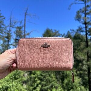 COACH Medium Pink Pebble Leather Zip-Around Wallet Silver Hardware AUTHENTIC